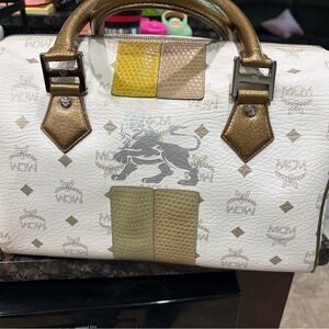 MCM White Satchel with Gold and Olive Details